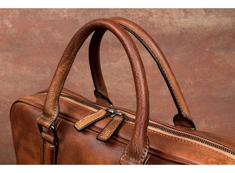 Full Grain Leather Briefcase Men's Leather Laptop Bag Shoulder Messenger Bag Gift for Him