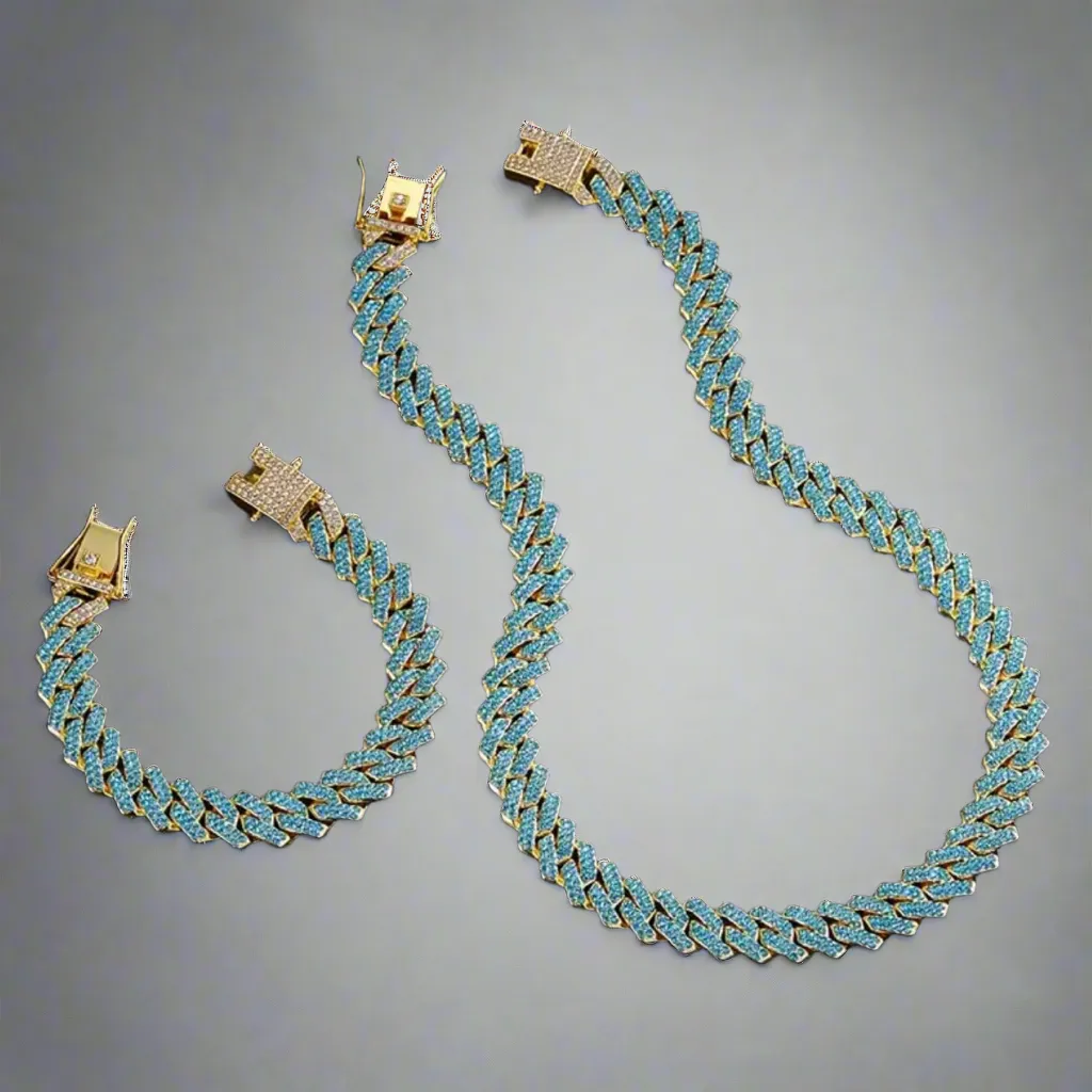 Gold Aqua Cuban Chain Set