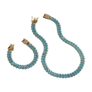 Gold Aqua Cuban Chain Set