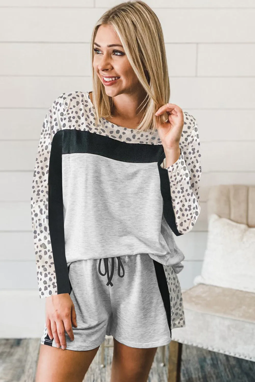 Gray Leopard Colorblock Patchwork Pullover and Shorts Set
