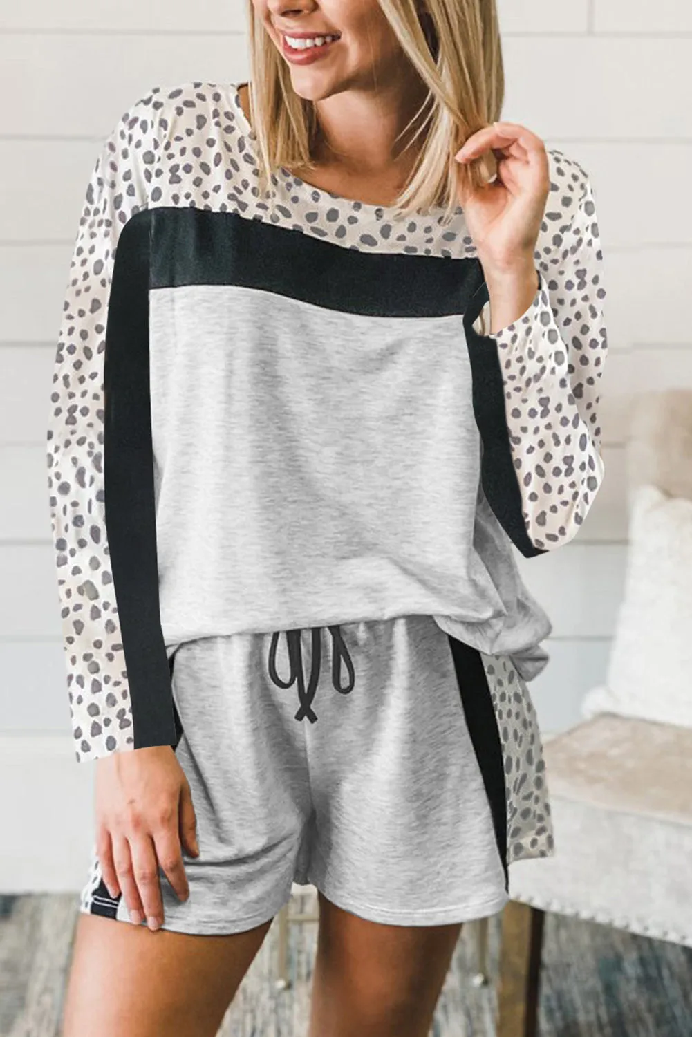 Gray Leopard Colorblock Patchwork Pullover and Shorts Set
