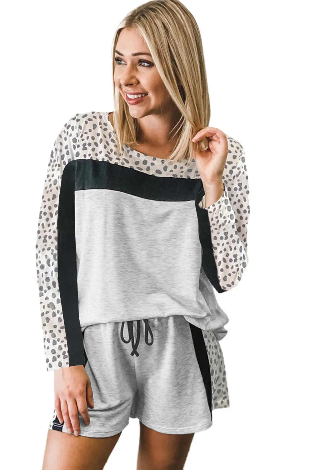 Gray Leopard Colorblock Patchwork Pullover and Shorts Set