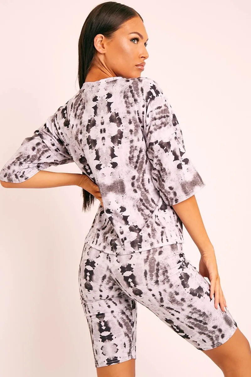 Grey Tie Dye Ribbed Cycling Shorts Co-ord - Haizlee
