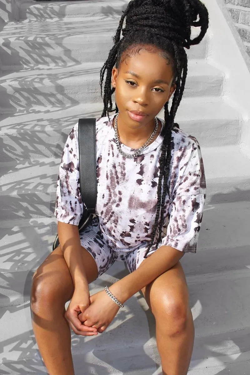 Grey Tie Dye Ribbed Cycling Shorts Co-ord - Haizlee