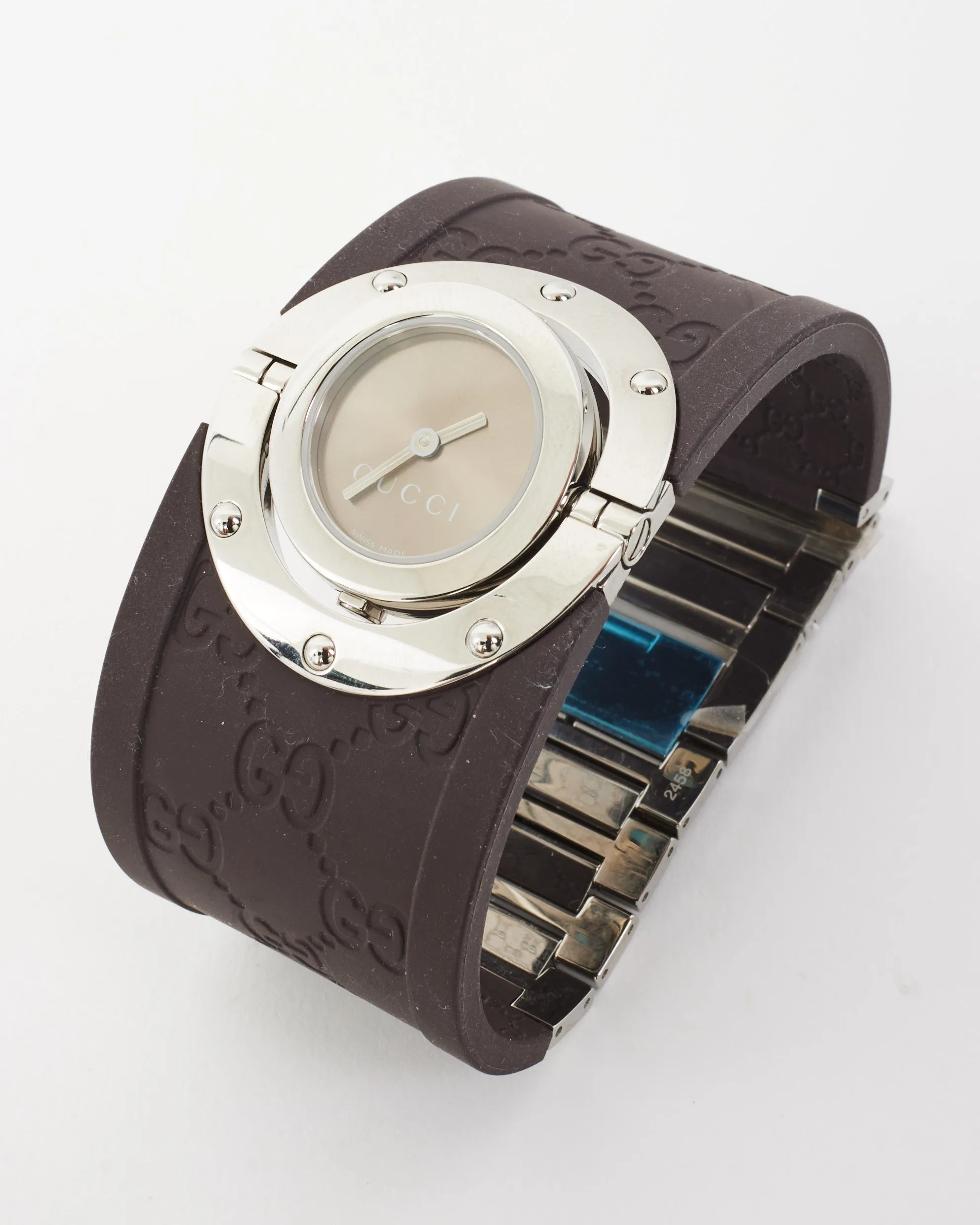 Gucci Brown Rubber Monogram & Sterling Silver Watch