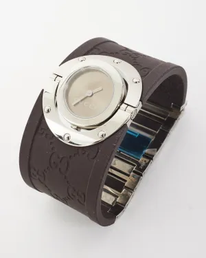 Gucci Brown Rubber Monogram & Sterling Silver Watch