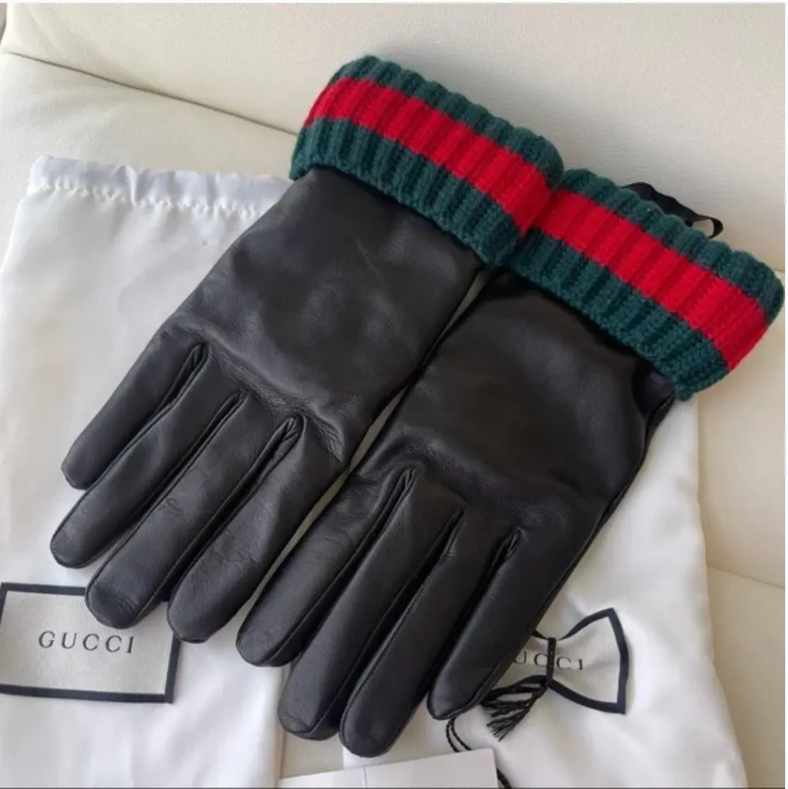 Gucci Lambskin Cashmere Lined Gloves with Knit Web Cuff