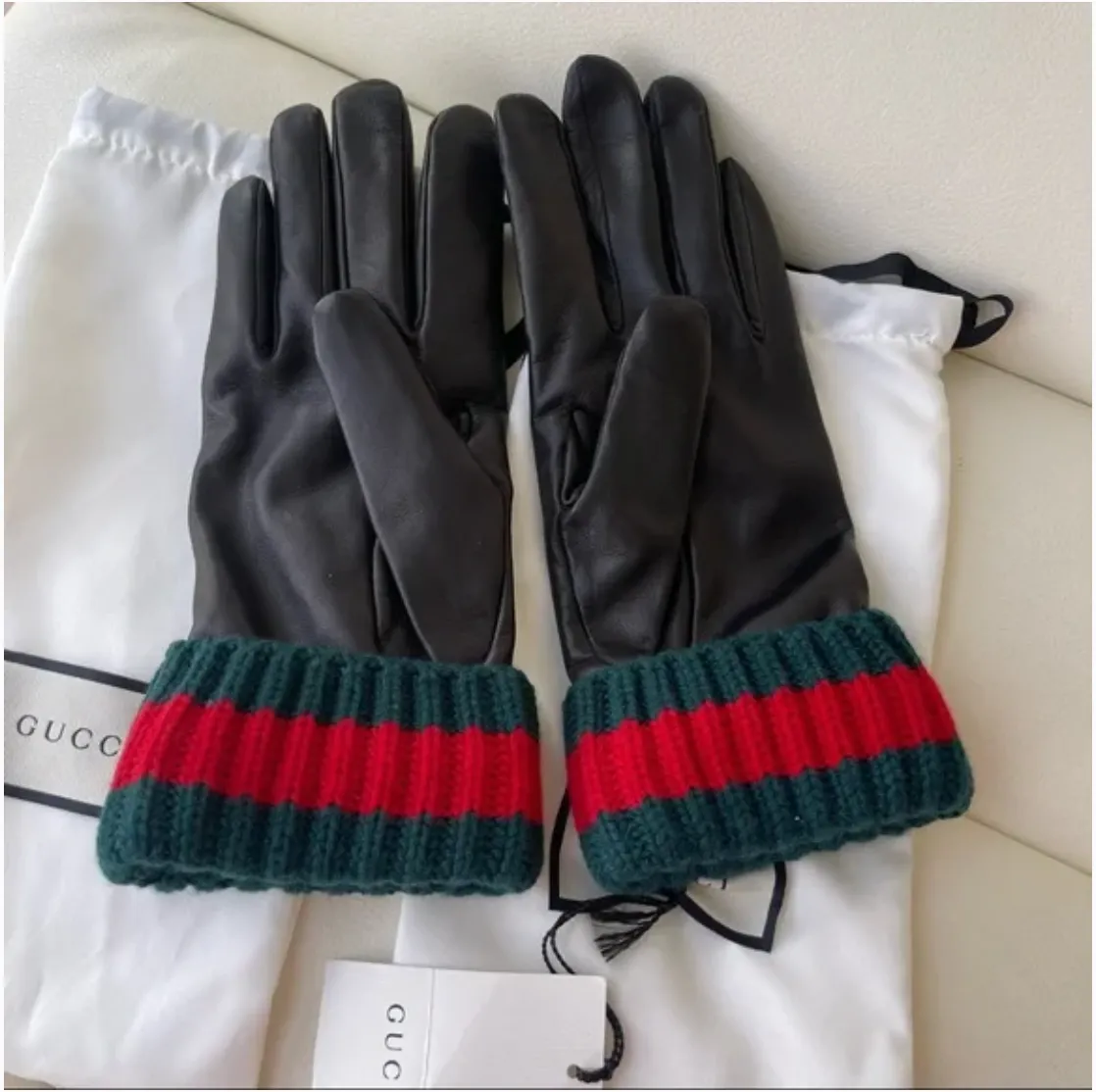 Gucci Lambskin Cashmere Lined Gloves with Knit Web Cuff