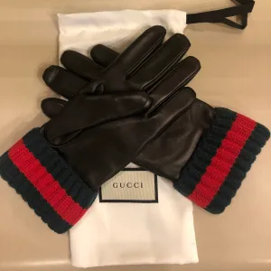 Gucci Lambskin Cashmere Lined Gloves with Knit Web Cuff