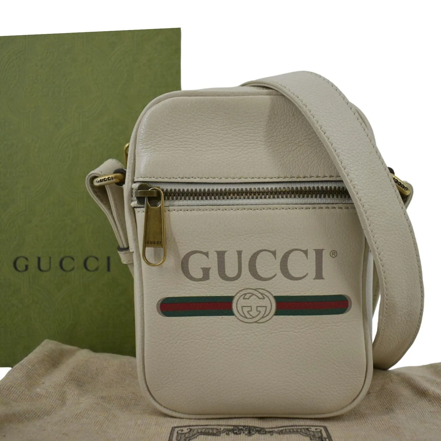 GUCCI Mini Logo Leather Crossbody Messenger Bag Off White 574803