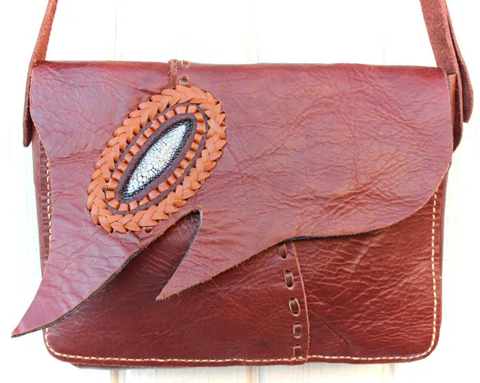 handmade bohemian leather messenger bag with stingray leather accent