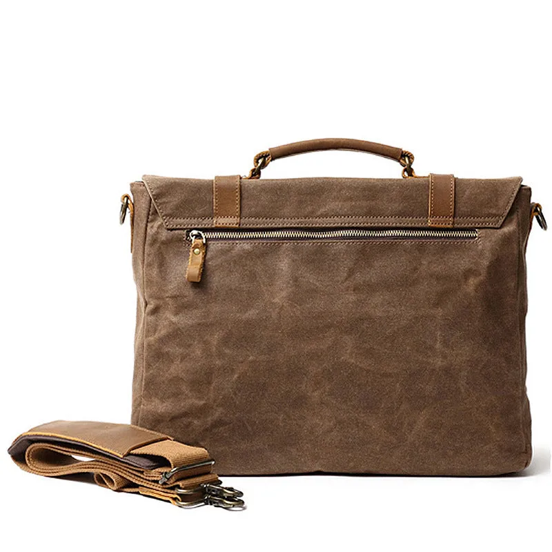 Handmade Waxed Canvas Leather Briefcase, Canvas Mens Messenger Laptop Bag, Retro Satchel Bag