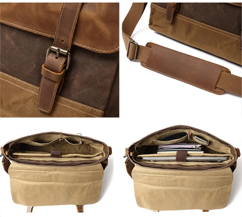 Handmade Waxed Canvas Leather Briefcase, Canvas Mens Messenger Laptop Bag, Retro Satchel Bag
