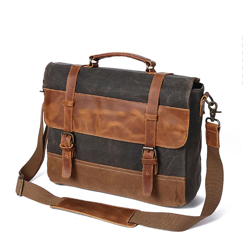Handmade Waxed Canvas Leather Briefcase, Canvas Mens Messenger Laptop Bag, Retro Satchel Bag