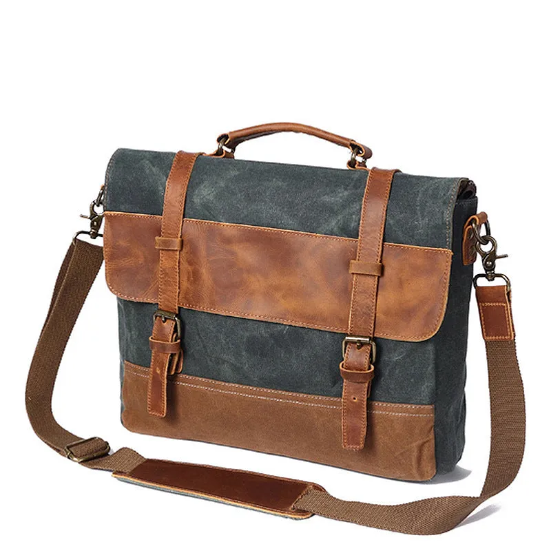 Handmade Waxed Canvas Leather Briefcase, Canvas Mens Messenger Laptop Bag, Retro Satchel Bag