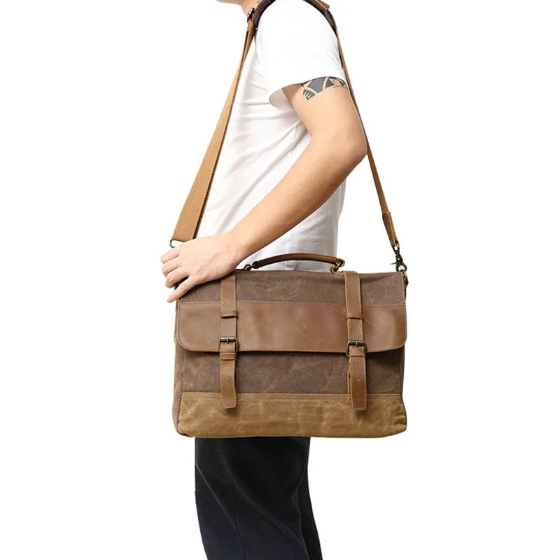 Handmade Waxed Canvas Leather Briefcase, Canvas Mens Messenger Laptop Bag, Retro Satchel Bag