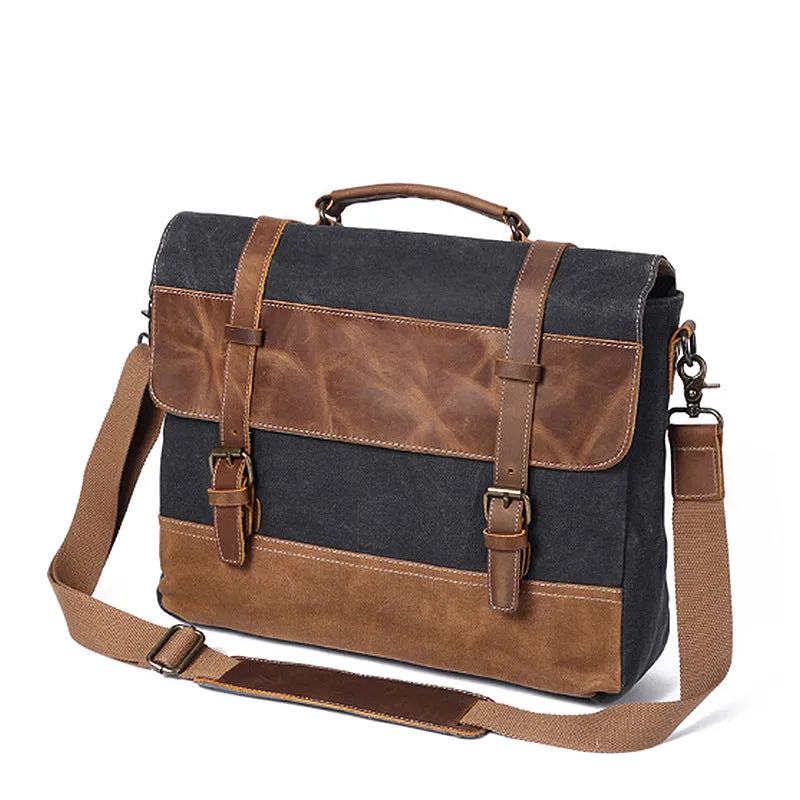 Handmade Waxed Canvas Leather Briefcase, Canvas Mens Messenger Laptop Bag, Retro Satchel Bag
