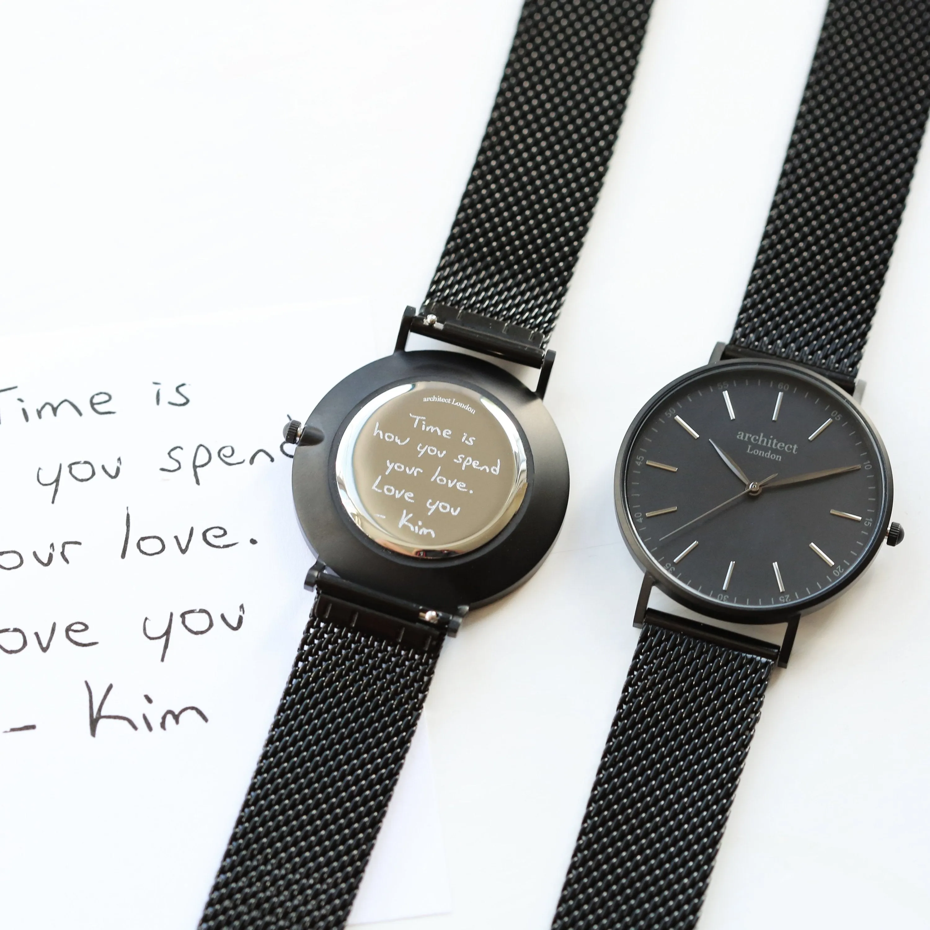 Handwriting Engraving - Men's Minimalist Watch   Pitch Black Mesh
