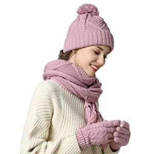 Hat Glove Scarf Set Women, 3 in 1 Beanie Hat and Scarf Winter Set Knit Warm Winter Gift Set for Women Girls (Pink)
