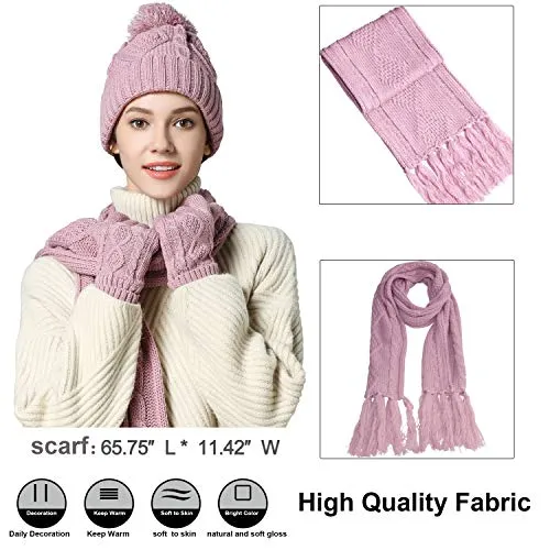 Hat Glove Scarf Set Women, 3 in 1 Beanie Hat and Scarf Winter Set Knit Warm Winter Gift Set for Women Girls (Pink)