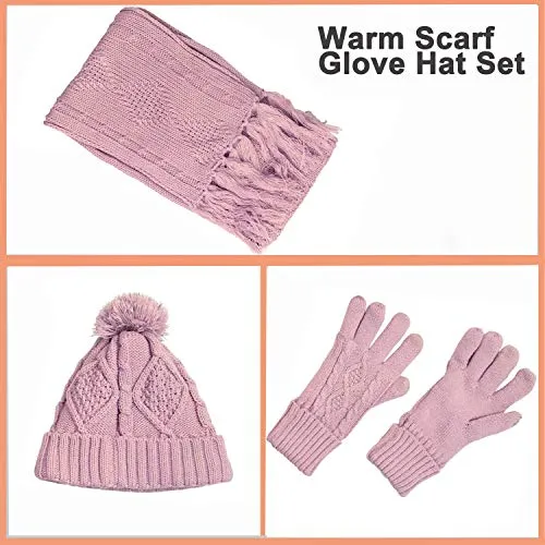 Hat Glove Scarf Set Women, 3 in 1 Beanie Hat and Scarf Winter Set Knit Warm Winter Gift Set for Women Girls (Pink)