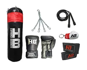 HB Hard Bodies Combo 10-A Synthetic Leather Black Punching Bag, Filled, Boxing Gloves, Heavy Chain