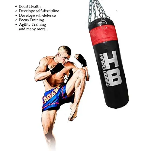 HB Hard Bodies Combo 10-A Synthetic Leather Black Punching Bag, Filled, Boxing Gloves, Heavy Chain