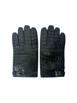 Hermes Crocodile/Lambskin Leather Gloves Mens 8.5 in Matte Black and Cashmere Interior
