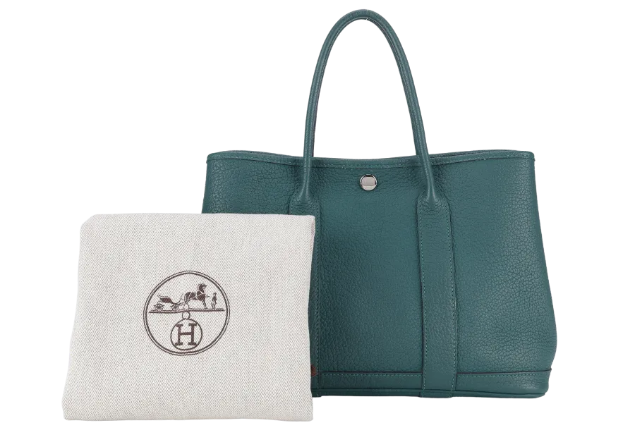 HERMES GARDEN PARTY TPM 30CM MALACHITE STAMP Q (2013) NEGONDA LEATHER PALLADIUM HARDWARE WITH DUST COVER