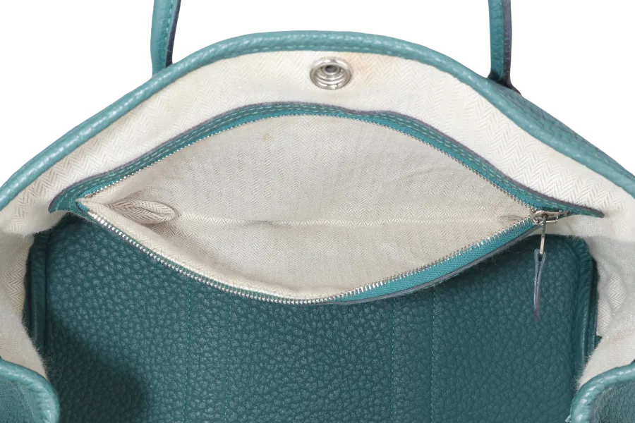 HERMES GARDEN PARTY TPM 30CM MALACHITE STAMP Q (2013) NEGONDA LEATHER PALLADIUM HARDWARE WITH DUST COVER