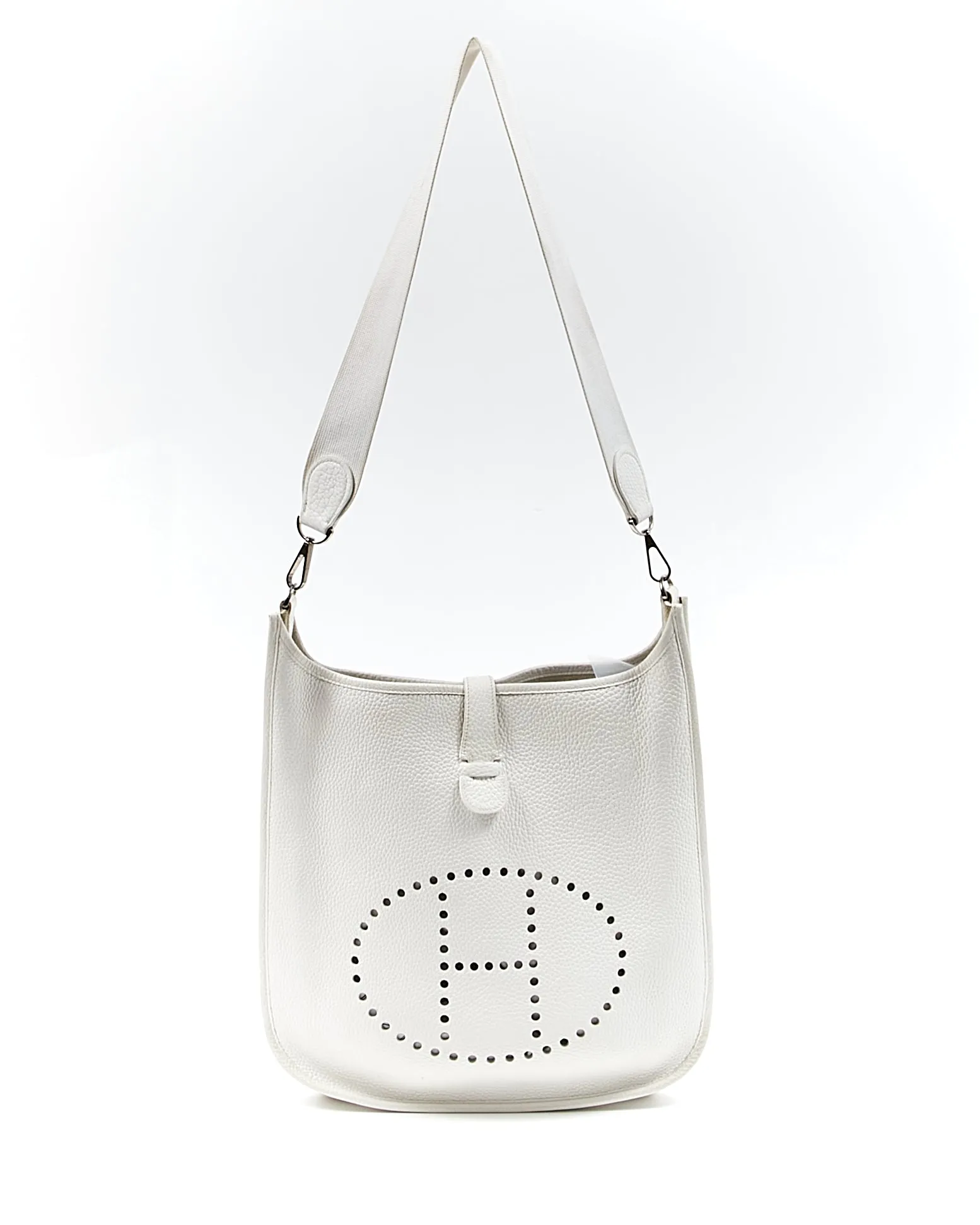 Hermes White Clemence Leather Evelyne I GM 33 Bag