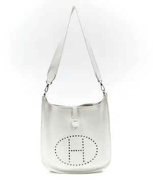 Hermes White Clemence Leather Evelyne I GM 33 Bag