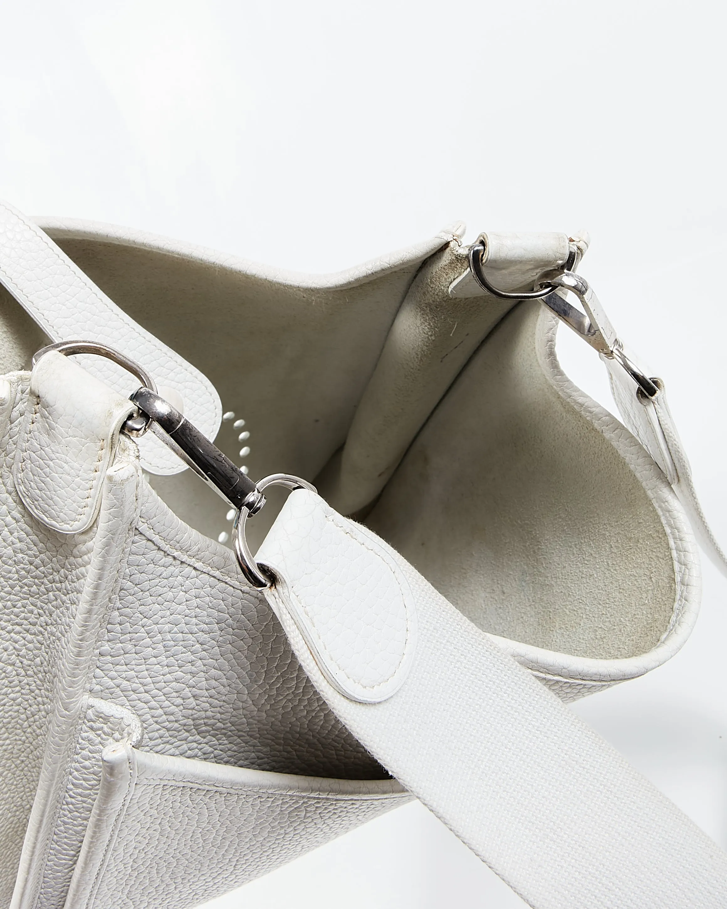 Hermes White Clemence Leather Evelyne I GM 33 Bag