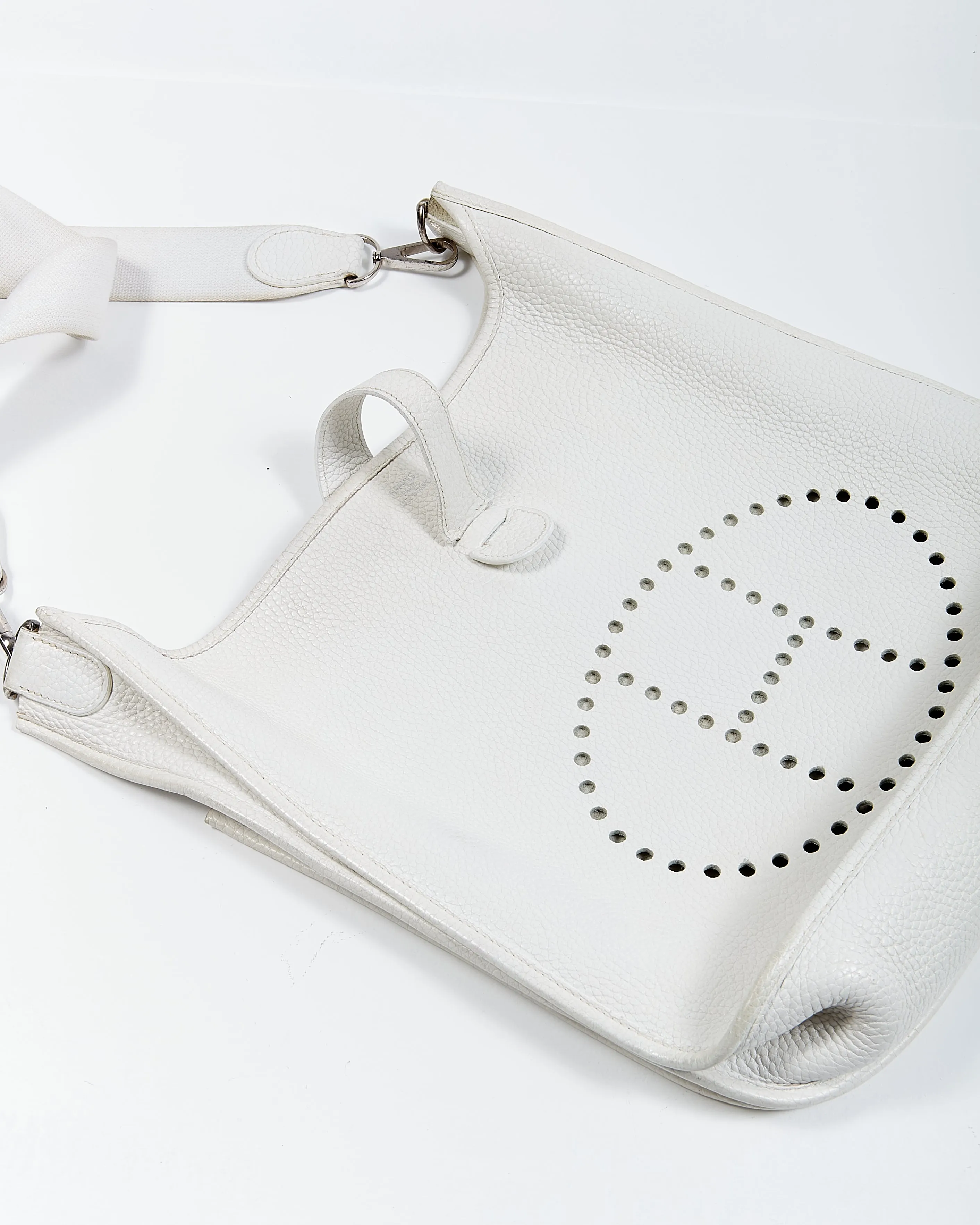 Hermes White Clemence Leather Evelyne I GM 33 Bag
