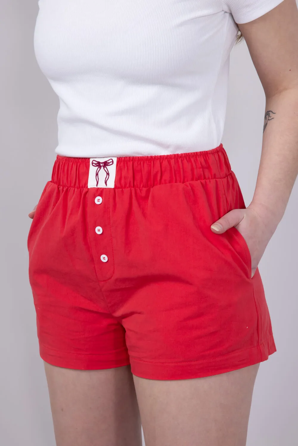 High-Rise Bow Patch Boxer Shorts for Women in Red | IP5175-RED