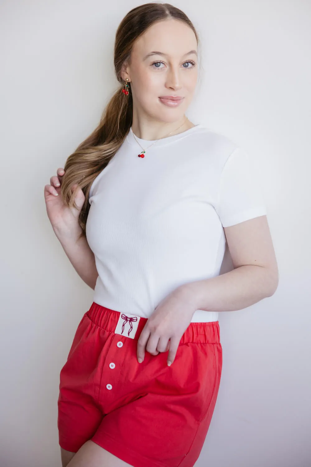 High-Rise Bow Patch Boxer Shorts for Women in Red | IP5175-RED
