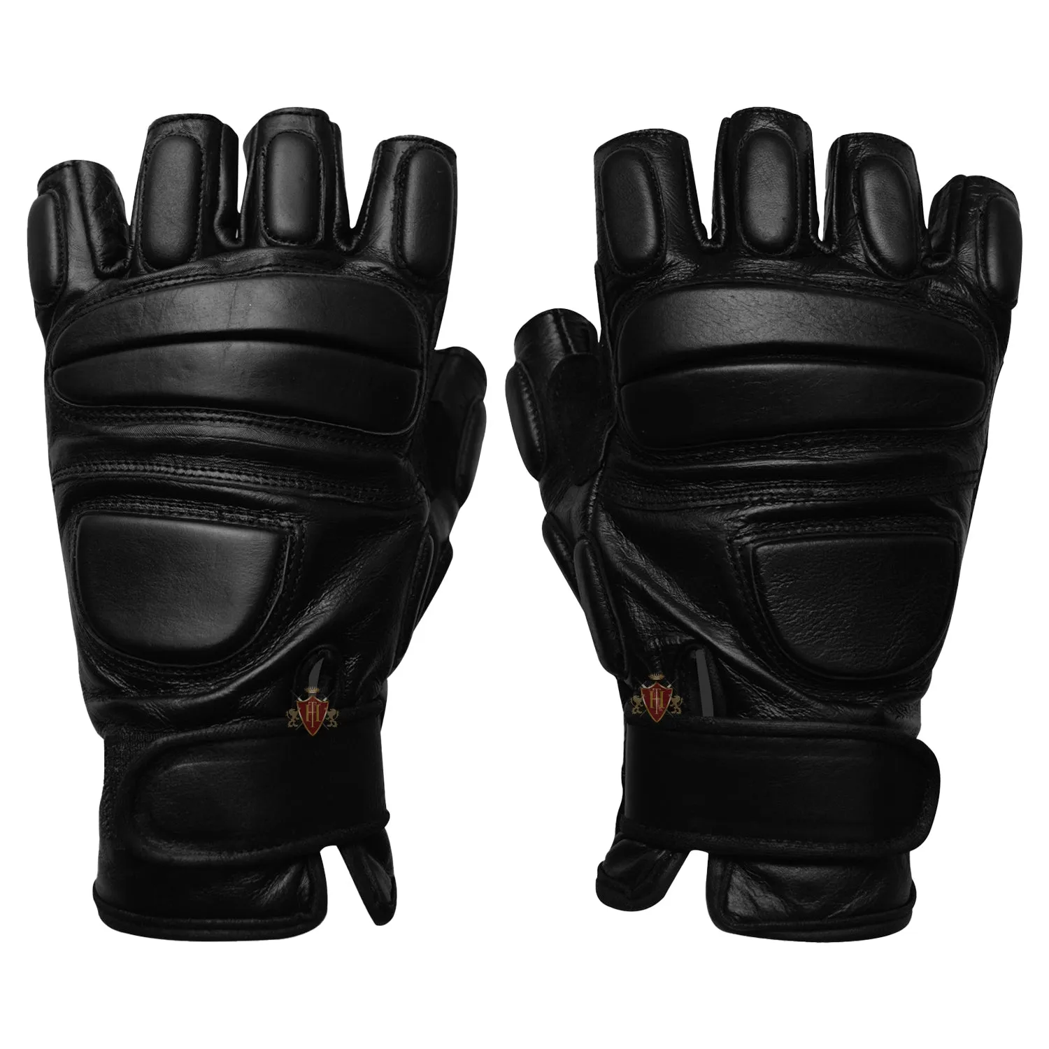 Hugger Fingerless Black Leather Gloves w/Gel Padded Palms - Driving, Motorcycle Riding, Police, Outdoor