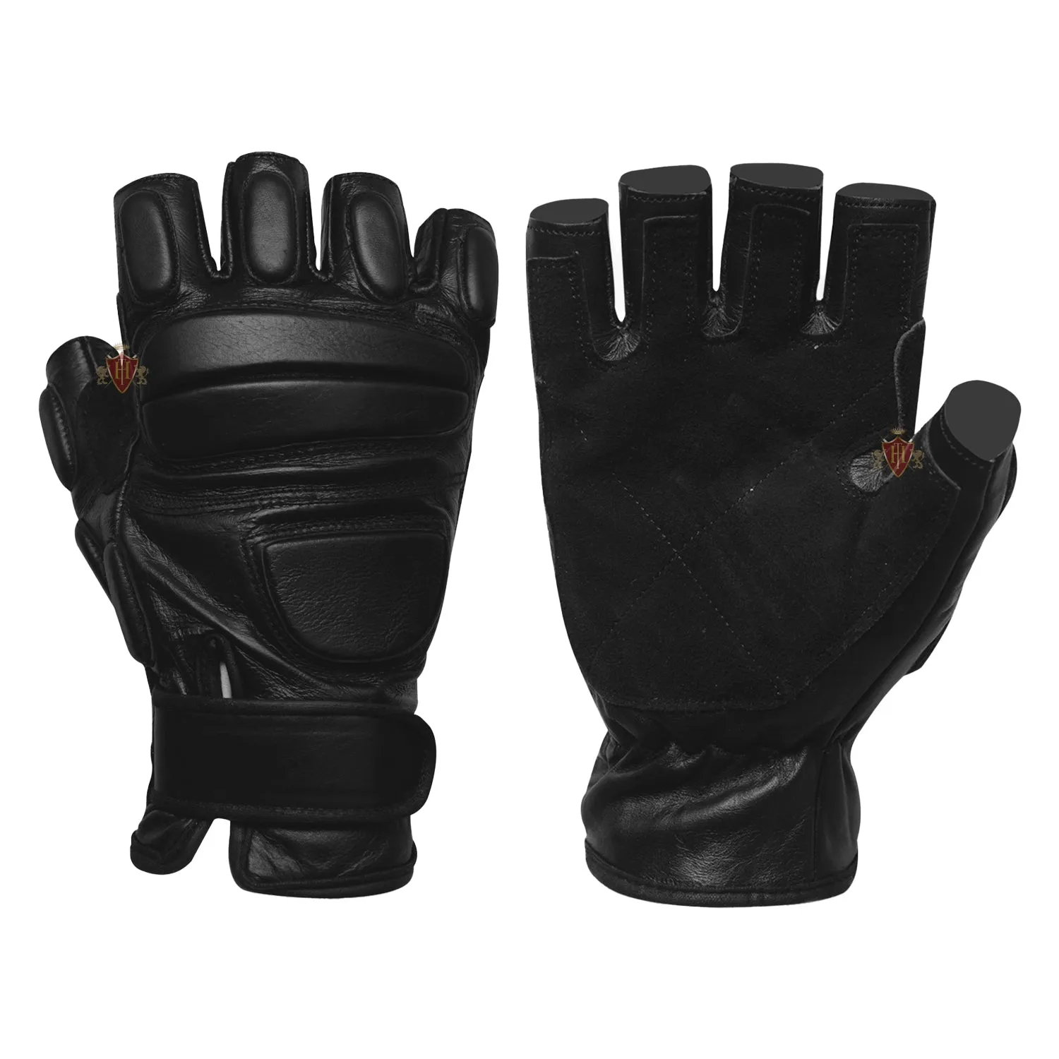 Hugger Fingerless Black Leather Gloves w/Gel Padded Palms - Driving, Motorcycle Riding, Police, Outdoor