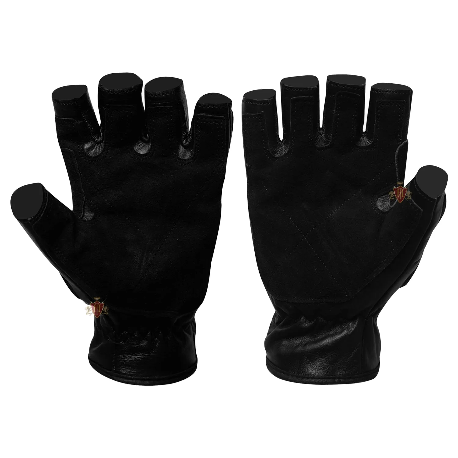 Hugger Fingerless Black Leather Gloves w/Gel Padded Palms - Driving, Motorcycle Riding, Police, Outdoor