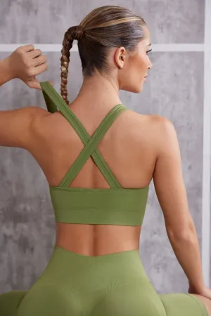 In Check - Plunge Neck Sports Bra in Olive
