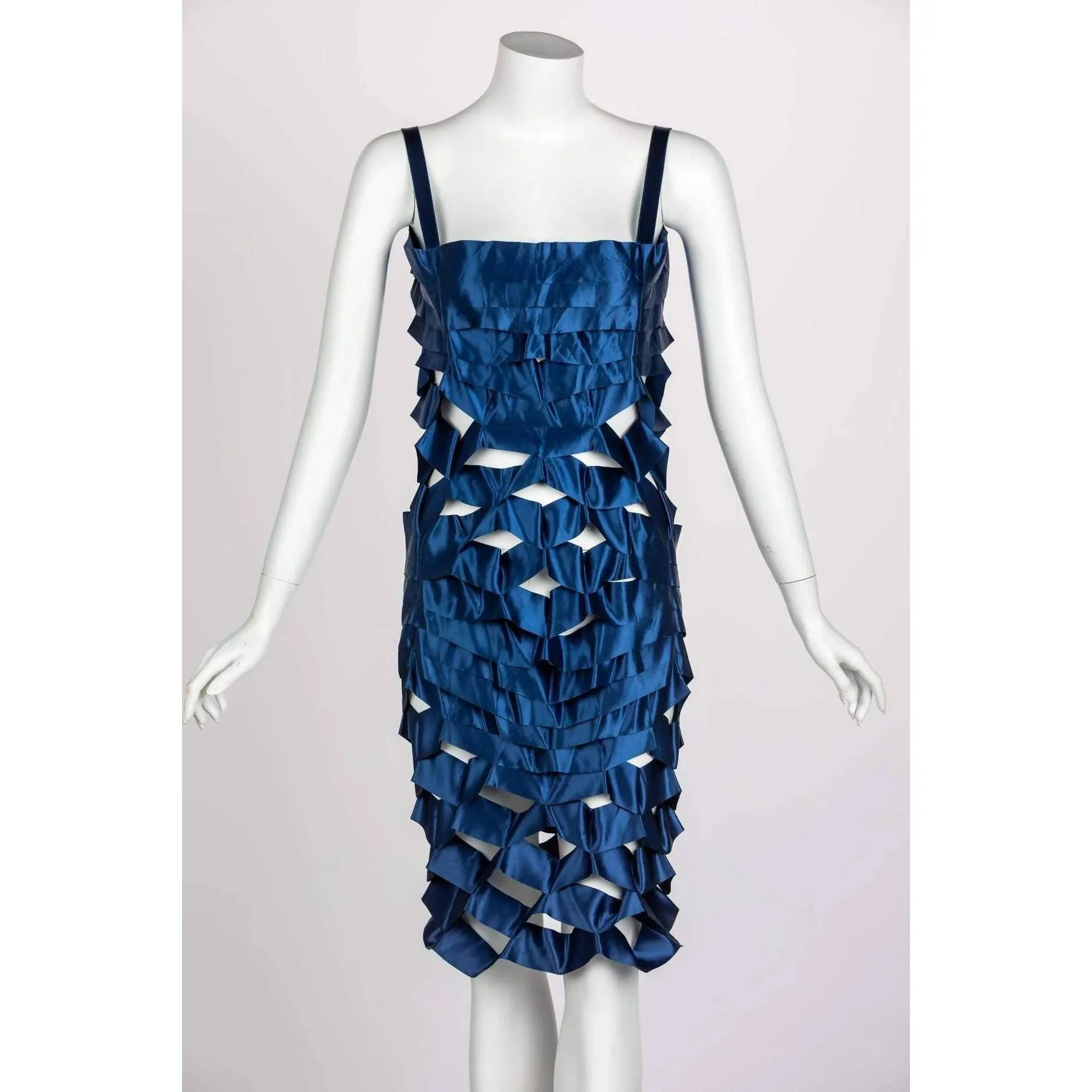 ISSEY MIYAKE Blue Satin Ribbon Cage Dress | Size S