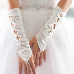 Ivory Satin Bows Fingerless Bridal Gloves