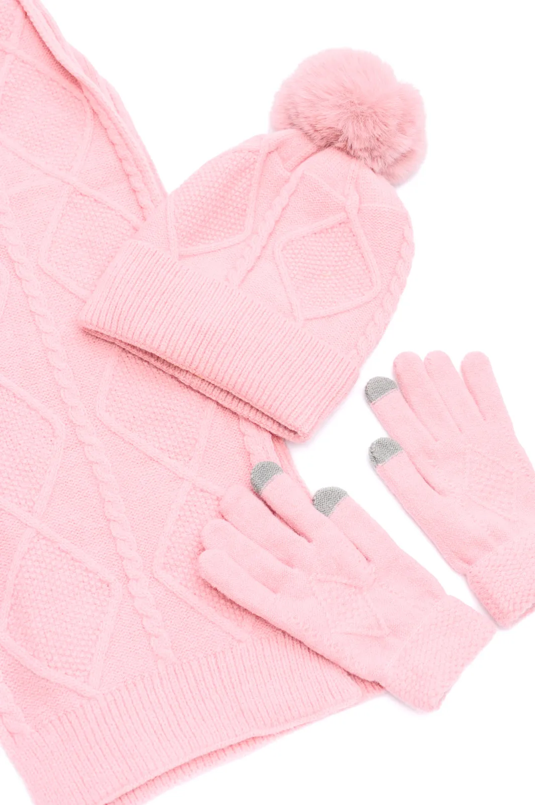 Jane Frost Winter Accessory Set - Pink Beanie, Scarf, and Touch Screen Gloves
