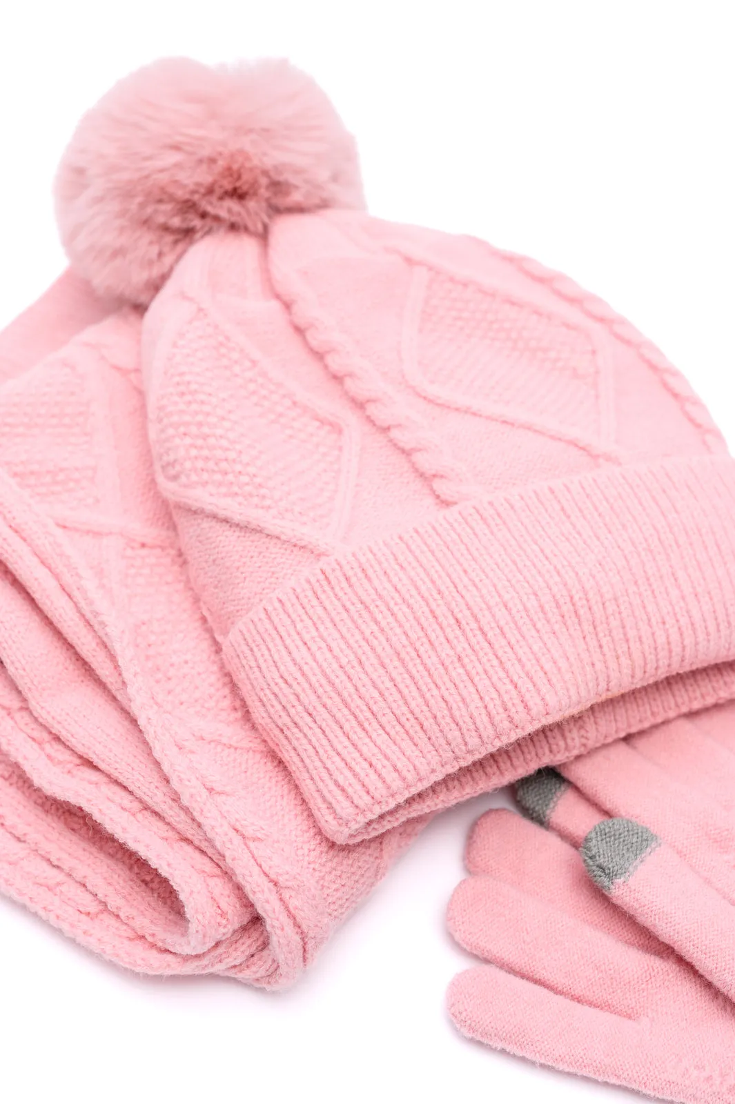 Jane Frost Winter Accessory Set - Pink Beanie, Scarf, and Touch Screen Gloves