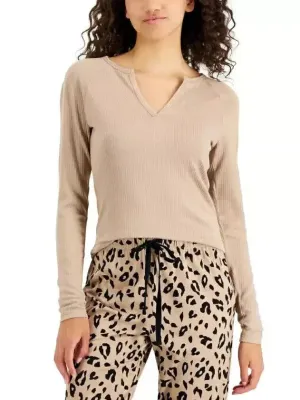 Jenni Women's Split V-Neck Long-Sleeve Pajama Top, Toffee Brown, XS