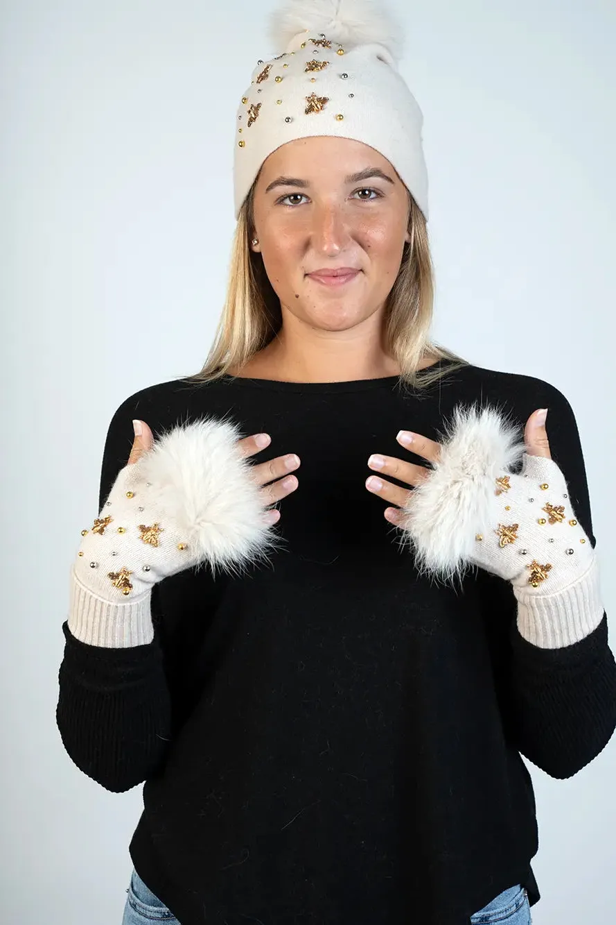 Knitted Fingerless Glove W/Bees and Beeds