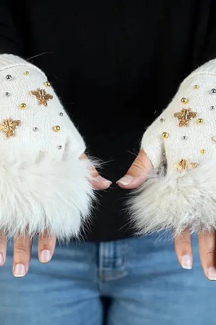 Knitted Fingerless Glove W/Bees and Beeds