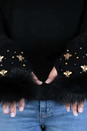 Knitted Fingerless Glove W/Bees and Beeds