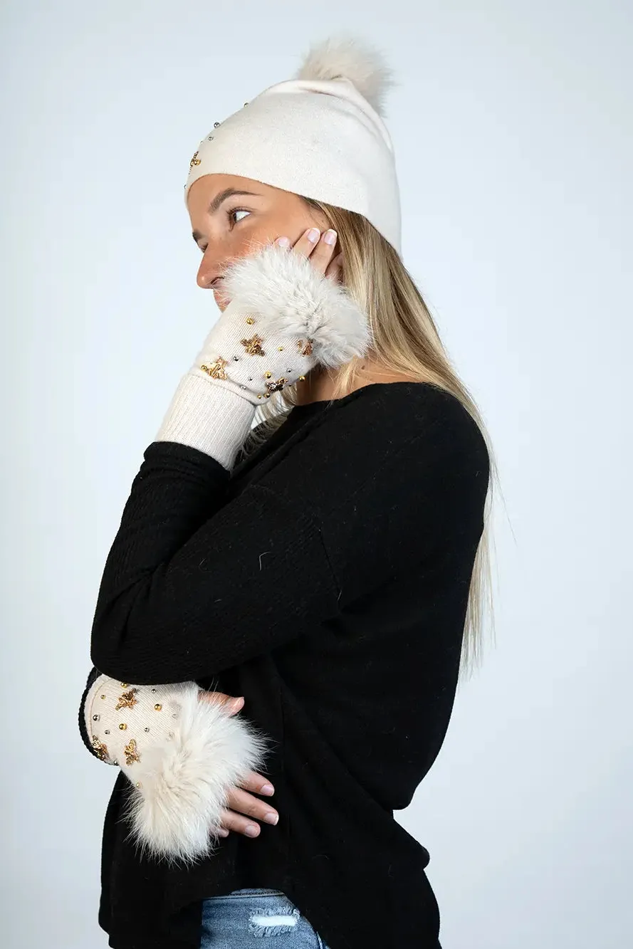 Knitted Fingerless Glove W/Bees and Beeds