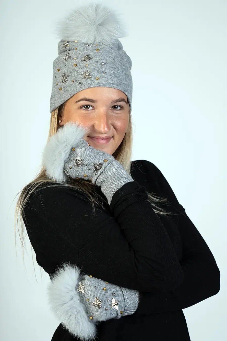 Knitted Fingerless Glove W/Bees and Beeds
